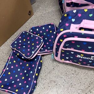 Brooks Navy Heart Print Backpack Set with Pink Trim